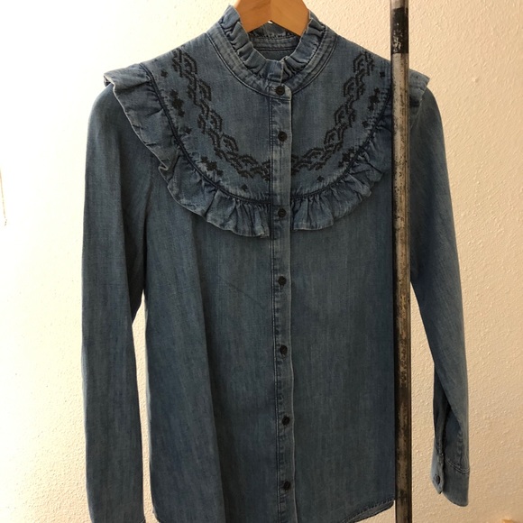 frilled denim shirt
